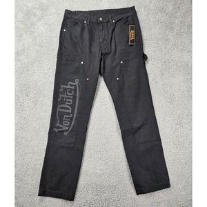 Von Dutch Originals Men's 32x32 Canvas Carpenter Pants Black Logo Patch Workwear